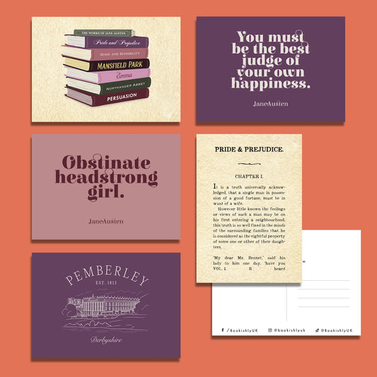 Set of five Jane Austen postcards featuring book stack illustration, famous quotes, a first edition book page, and a Pemberley sketch