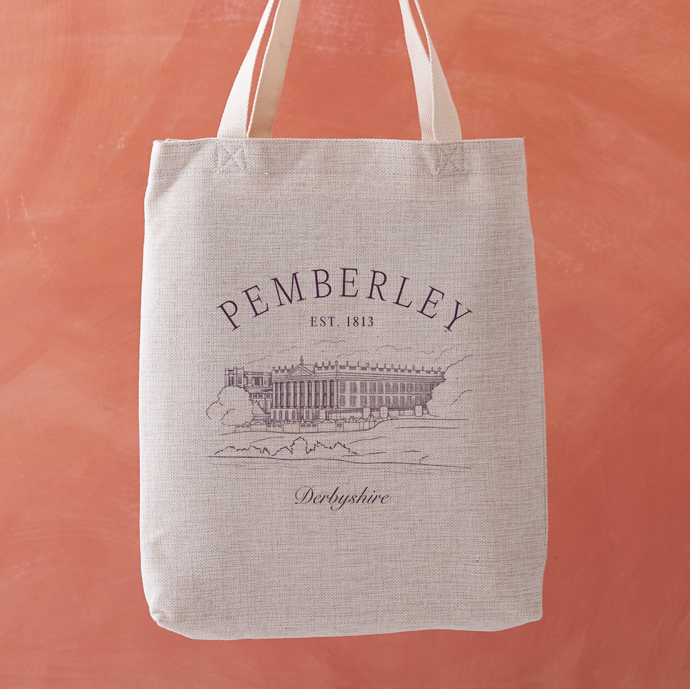 Pemberley tote bag featuring a bookplate-style illustration of a stately home, with text reading “Pemberley, Est. 1813, Derbyshire”