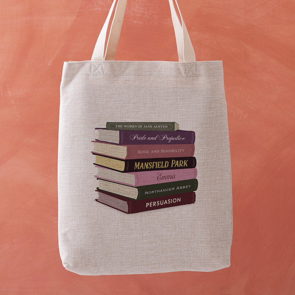 Tote bag featuring a colourful book stack illustration with Jane Austen titles including Pride and Prejudice, Sense and Sensibility, Emma, and more.