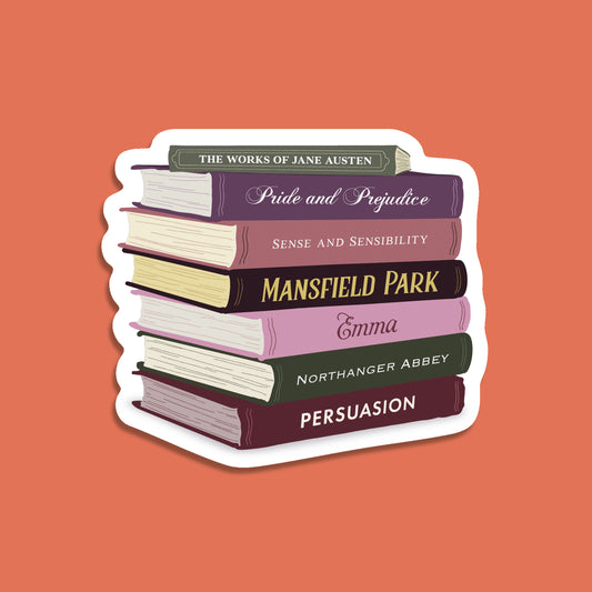Colourful die-cut vinyl sticker showing a stack of Jane Austen books with classic titles