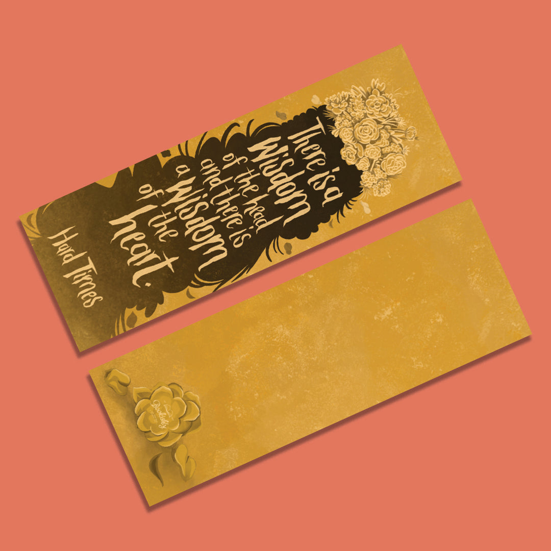 Bookmark featuring a quote from Hard Times by Charles Dickens. A brown floral design.