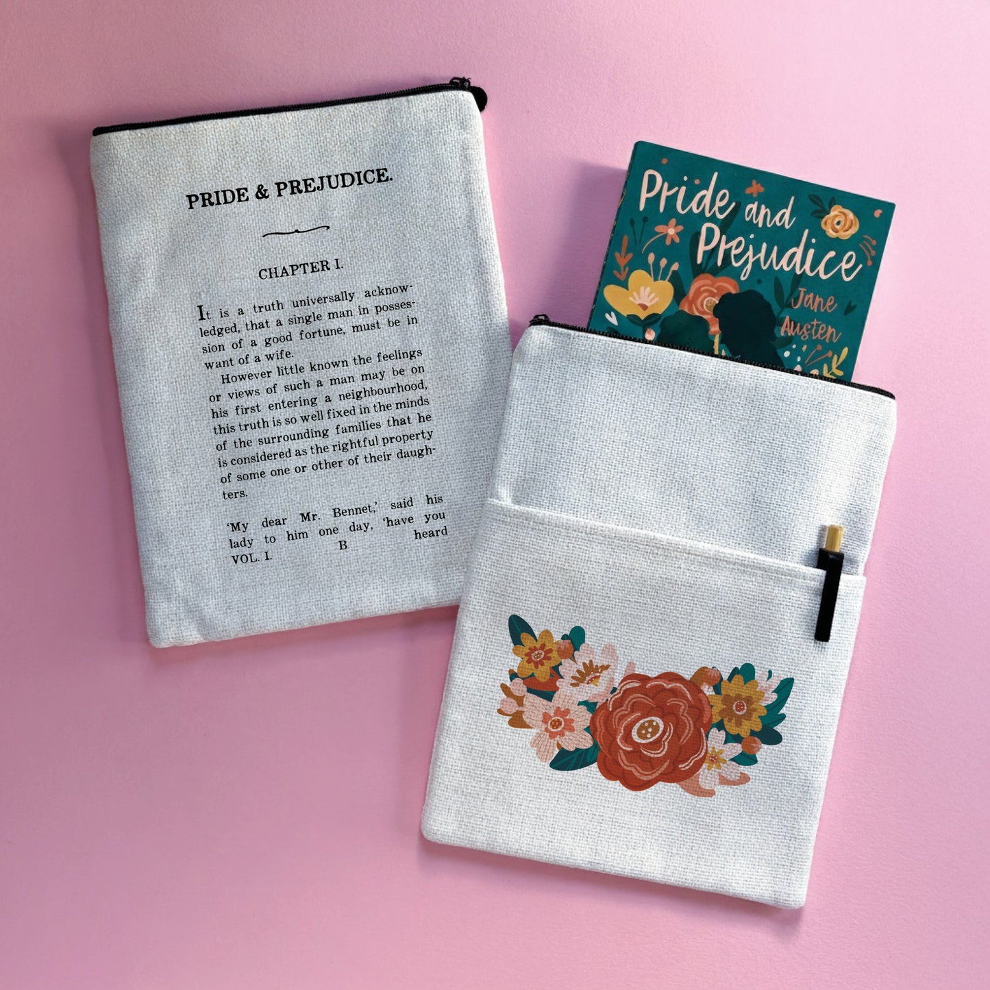 A book sleeve with Chapter One from Pride and Prejudice on one side and a floral design on the other.