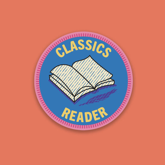 “Classics Reader” sticker with an open book illustration in a stitched merit badge style, with a blue background.