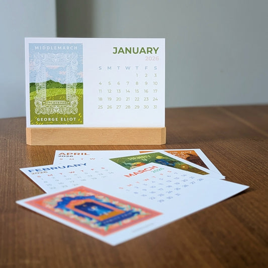 2026 postcard calendar with wooden stand