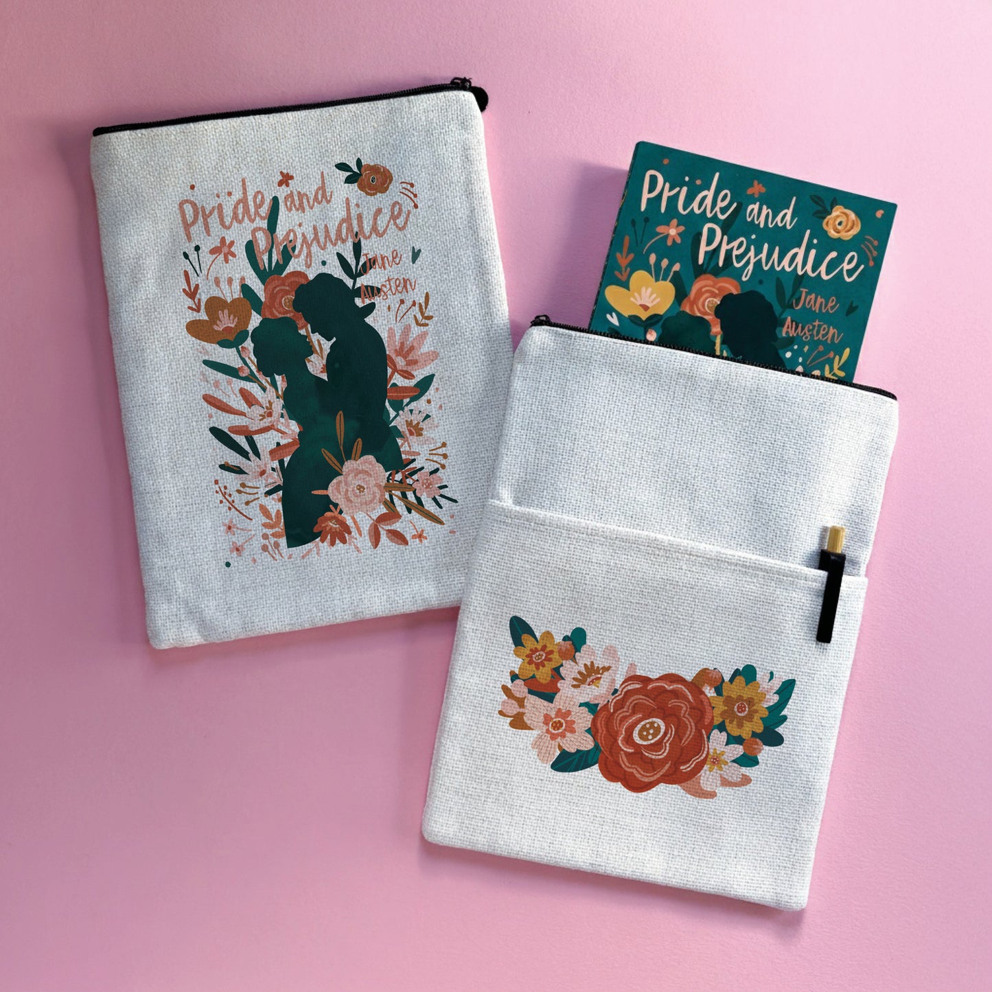 Pack of 3 - Book Sleeve - Pride and Prejudice Floral Design - Bookishly Wholesale