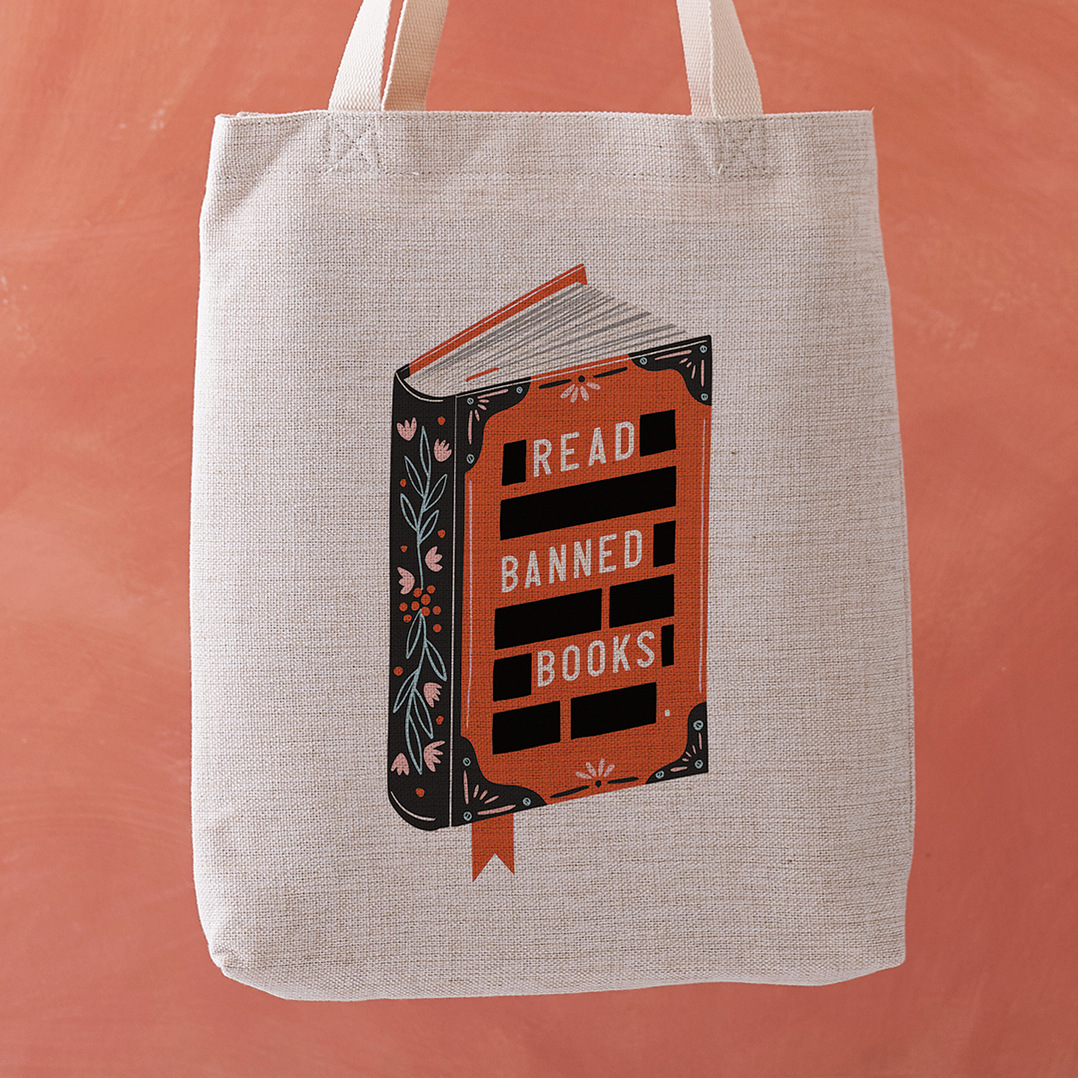 Read Banned Books Book Cover Tote Bag on a Orange Background