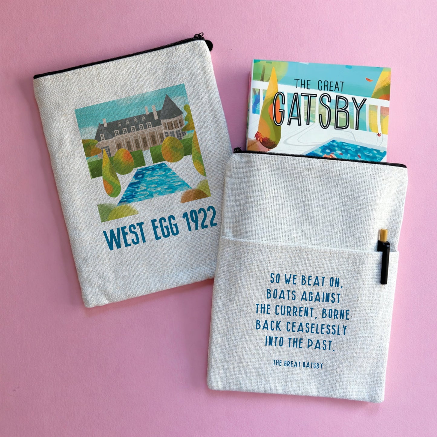 A book sleeve featuring a quote from The Great Gatsby on one side with a mansion design on the other.