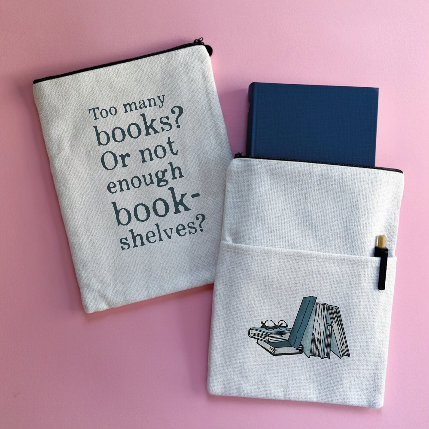 Too Many Books quote book sleeve with a book illustration on the reverse side.