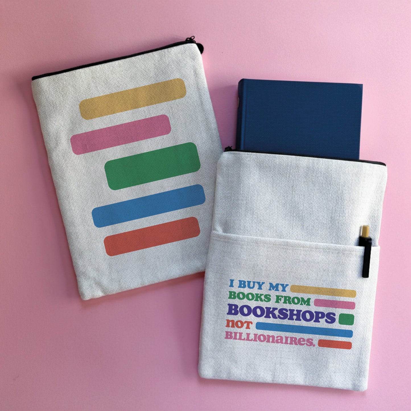 A Bookshops Not Billionaires slogan book sleeve with a line design on the reverse side.