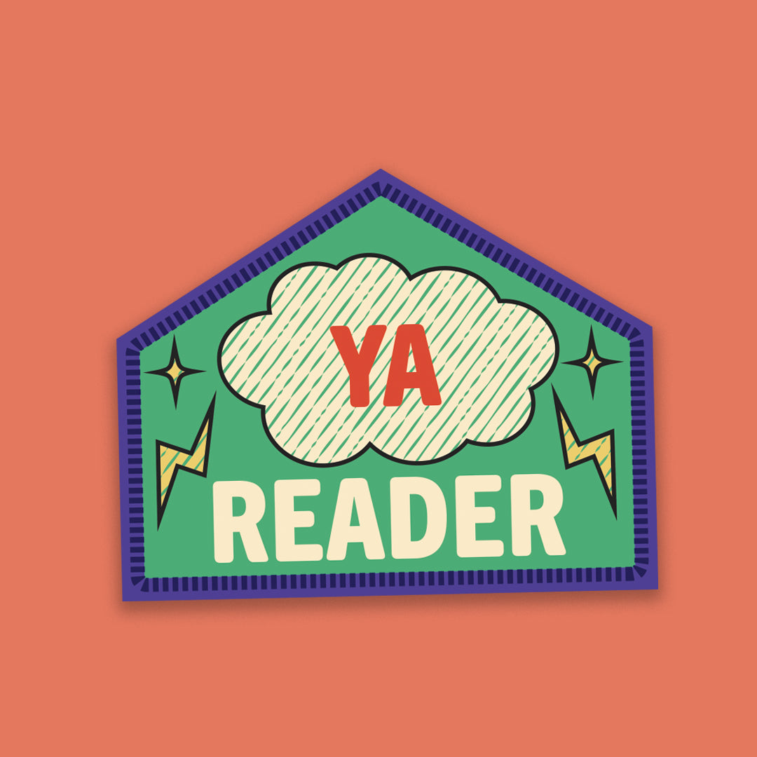 “YA Reader” sticker with a lightning bolt and starburst design in a colourful stitched merit badge style, with a green background.