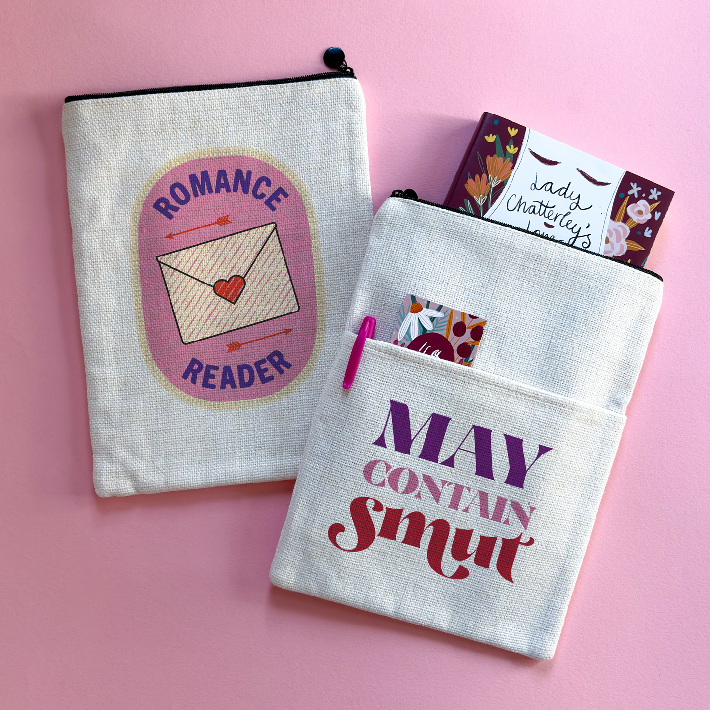 Double-sided book sleeve featuring a Romance Reader badge design on one side and “May Contain Smut” on the other.