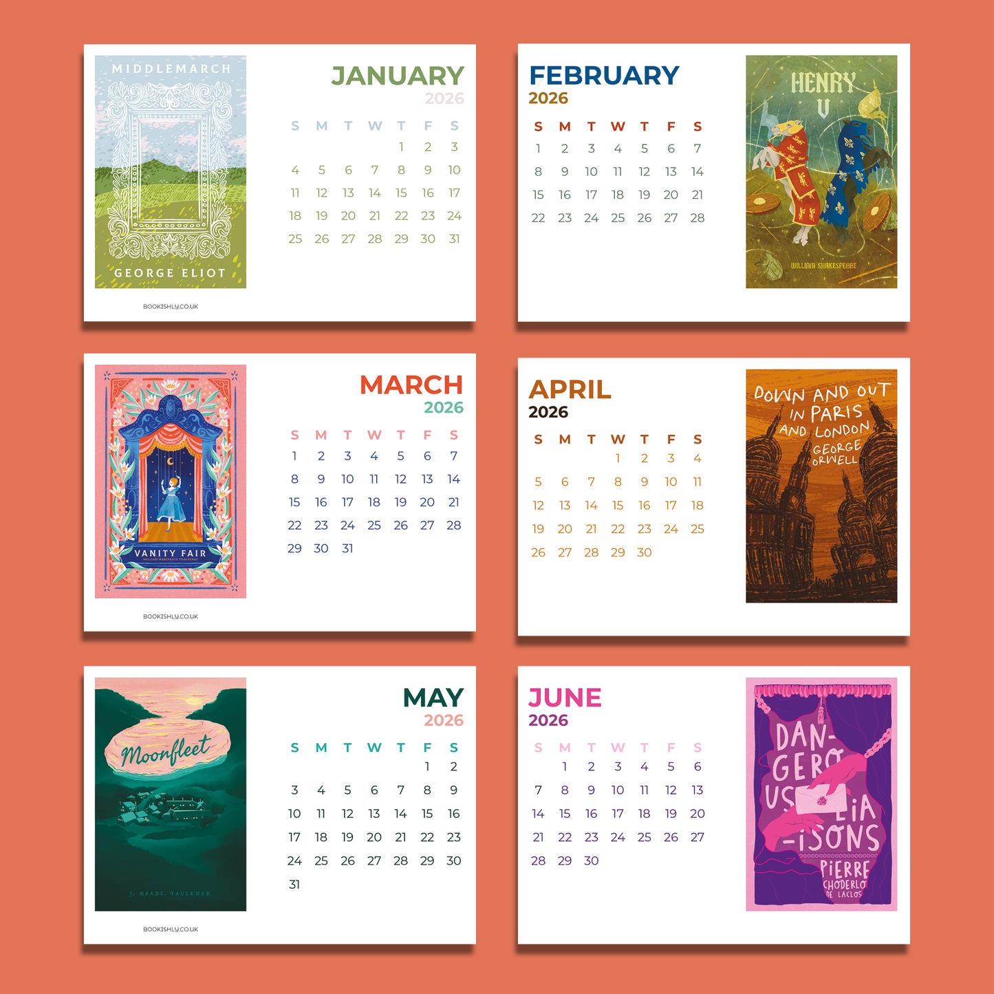 Pack of 6 - 2026 Book Cover Postcard Calendar with Wooden Holder