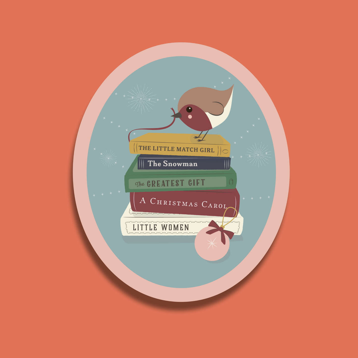 Christmas sticker featuring a robin on top of a stack of books and a bauble