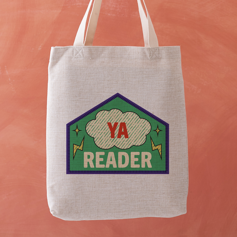 YA Reader tote bag featuring a stitched badge-style design with a lightning bolt on a green background.