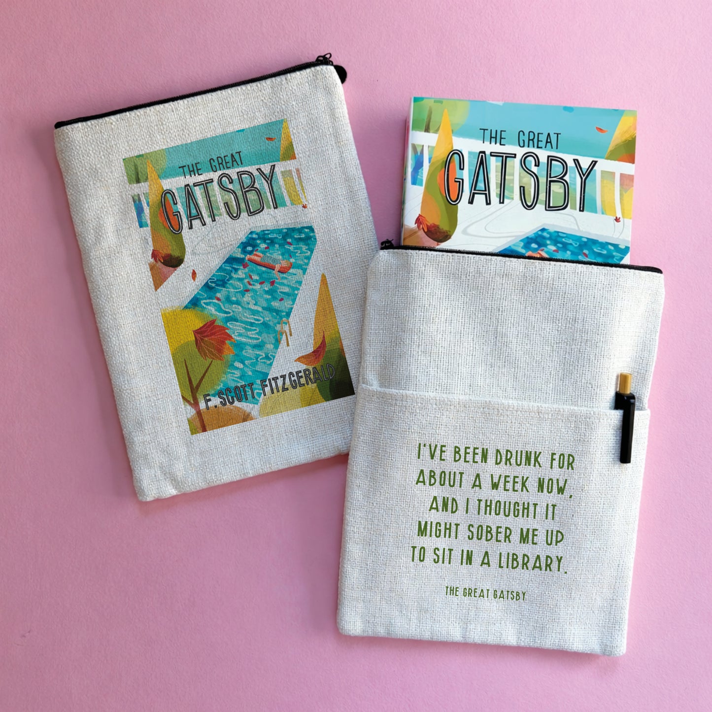 A book sleeve with an illustrated book design and quote from The Great Gatsby.
