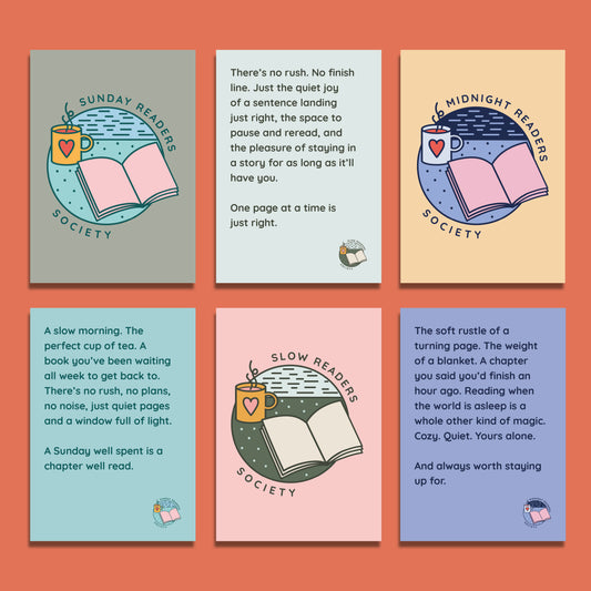 Set of postcards with Readers Society designs featuring books, mugs, and cosy reading illustrations.