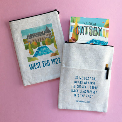 A book sleeve featuring a quote from The Great Gatsby on one side with a mansion design on the other.