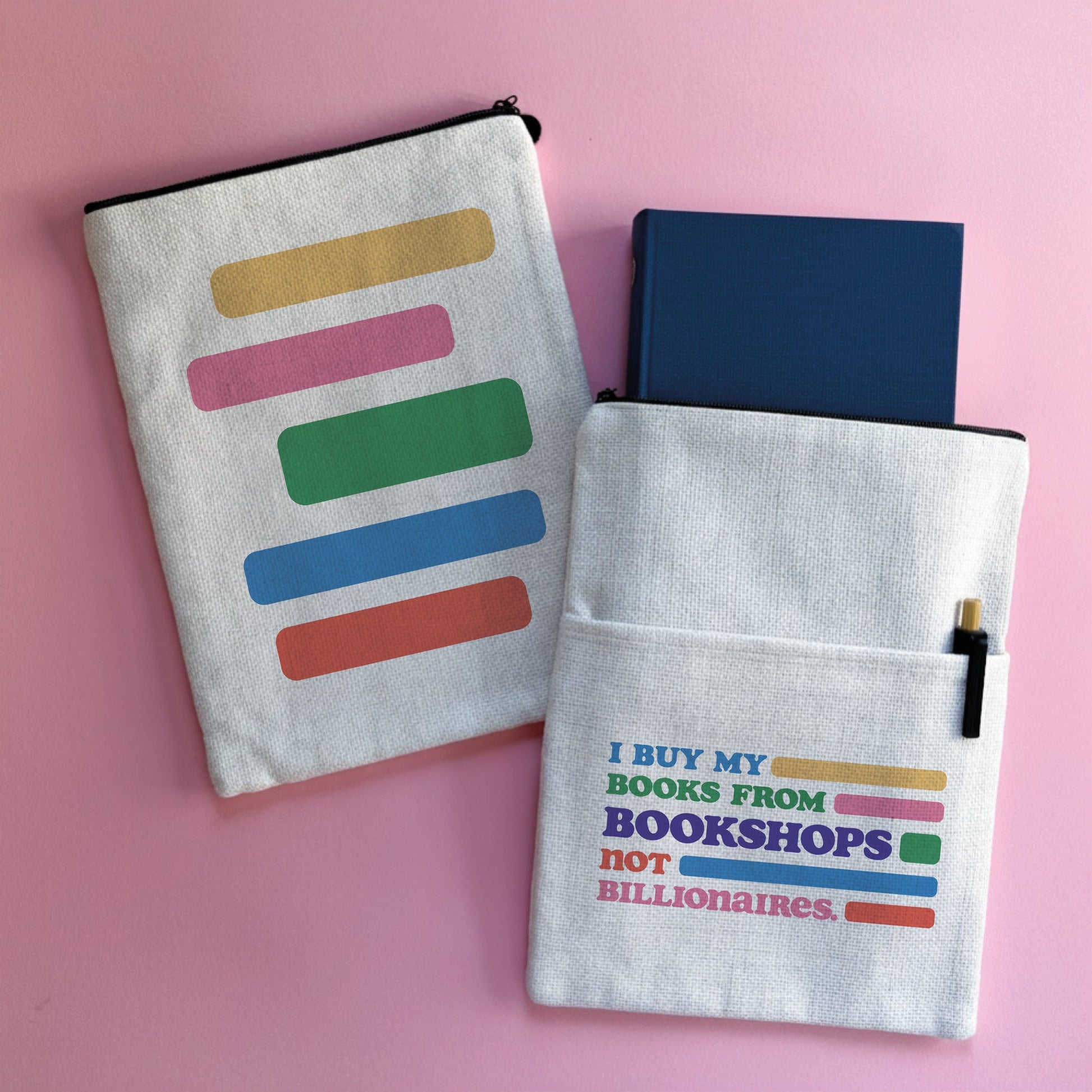 A Bookshops Not Billionaires slogan book sleeve with a line design on the reverse side.