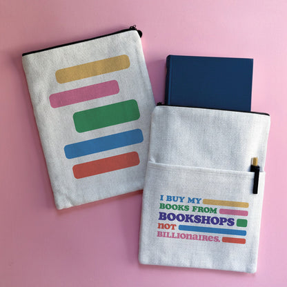 A Bookshops Not Billionaires slogan book sleeve with a line design on the reverse side.