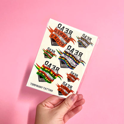 Bookish Temporary Tattoos, featuring our iconic 'Read Banned Books,' 'Read Black Authors,' and 'Read Queer Books' motifs. Gifts for readers, bibliophiles, book worms and book lovers. Bookishly stationery.