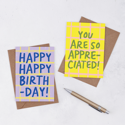 Pack of 6 - 'Happy Happy Birthday' Greetings Card