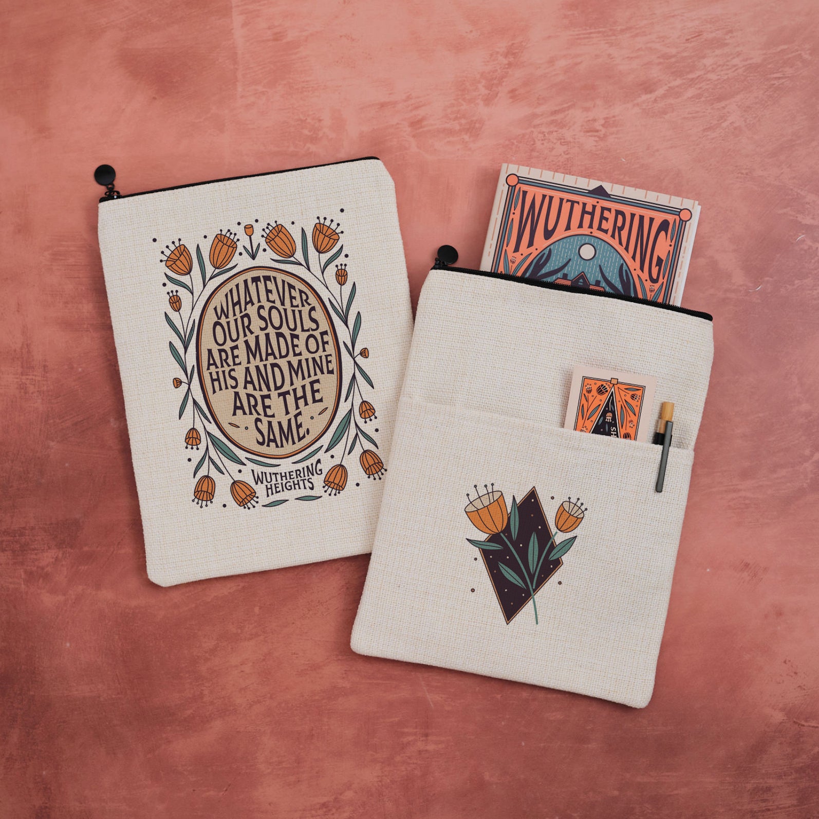 A book sleeve with a quote from Wuthering Heights on one side and a floral design on the other.