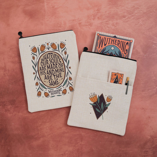 A book sleeve with a quote from Wuthering Heights on one side and a floral design on the other.