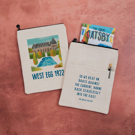 A book sleeve featuring a quote from The Great Gatsby on one side with a mansion design on the other.