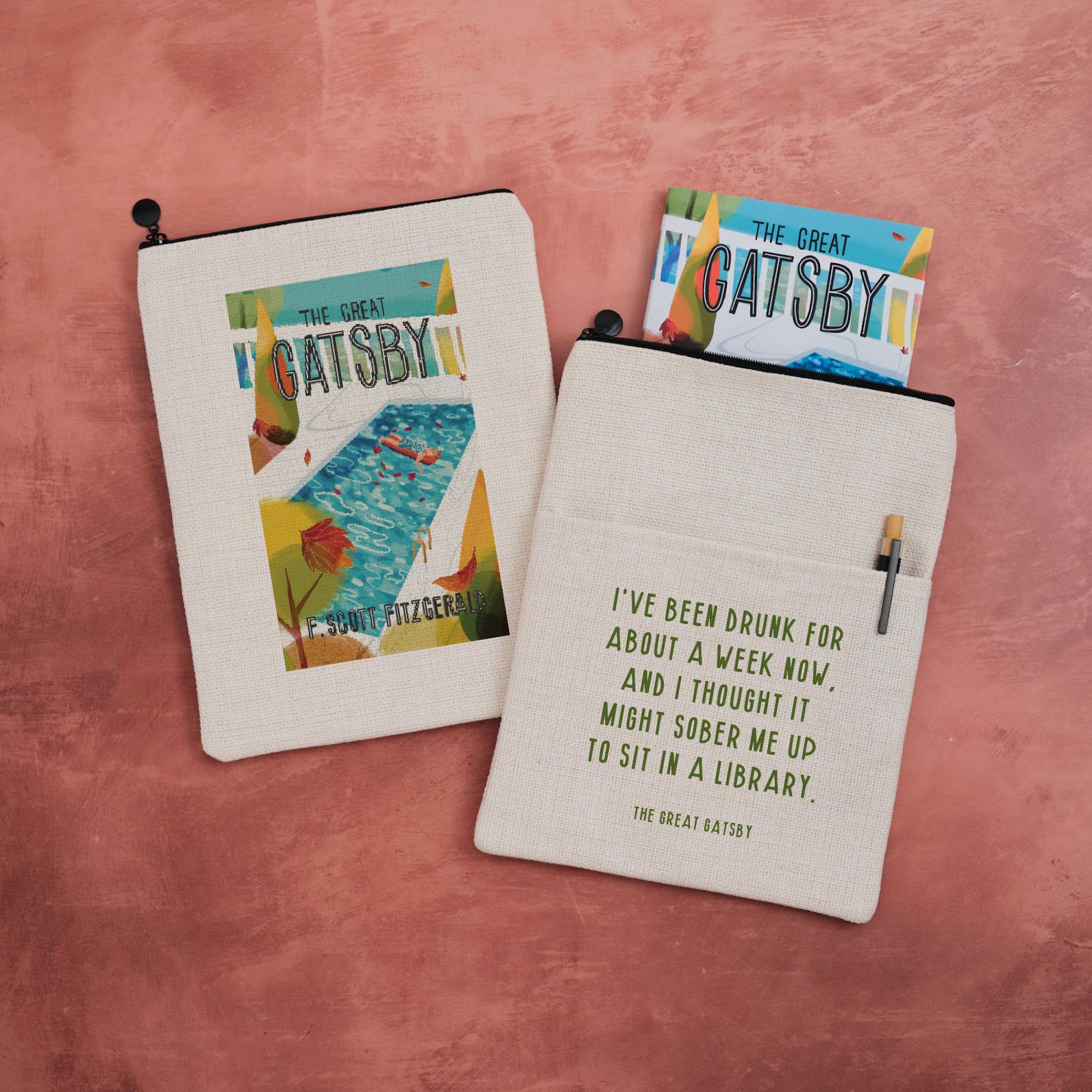 A book sleeve with an illustrated book design and quote from The Great Gatsby.