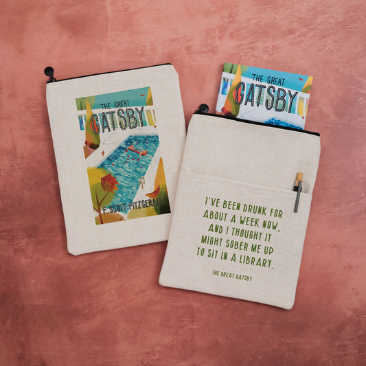 A book sleeve with an illustrated book design and quote from The Great Gatsby.