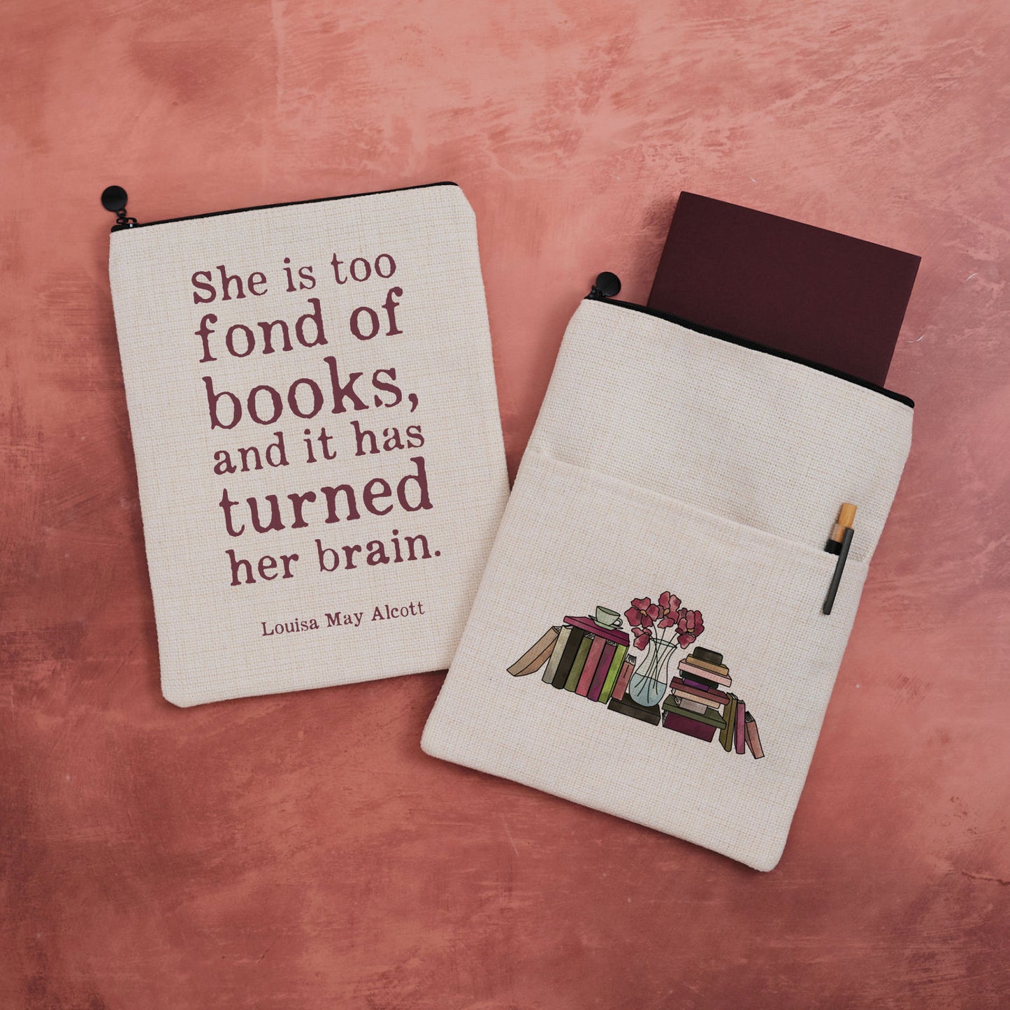 A book sleeve featuring a quote from Louisa May Alcott with a bookstack design on the other side.