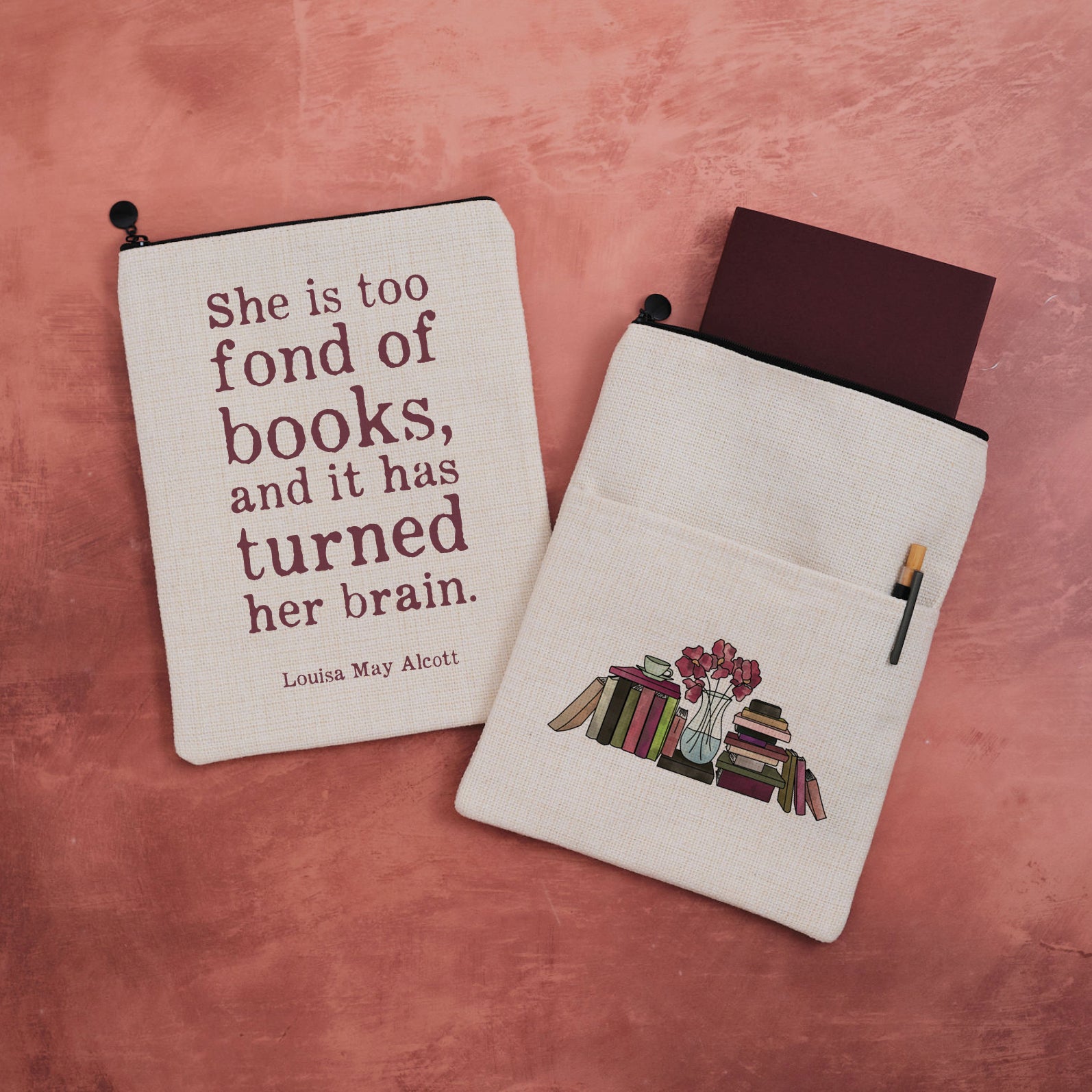 A book sleeve featuring a quote from Louisa May Alcott with a bookstack design on the other side.