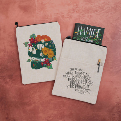 A book sleeve with a floral skull design on one side and a quote from Hamlet on the reverse.