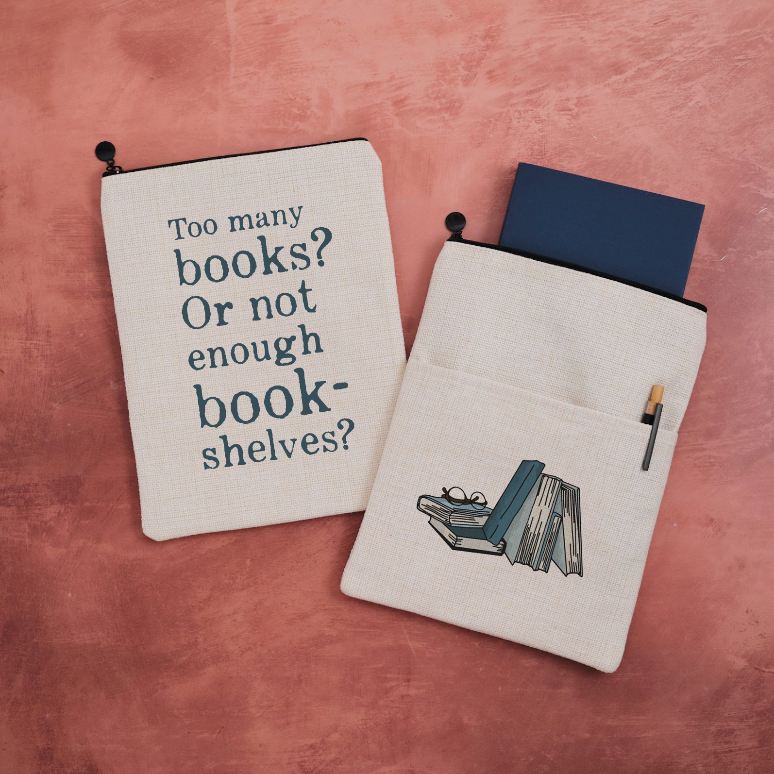 Too Many Books quote book sleeve with a book illustration on the reverse side.