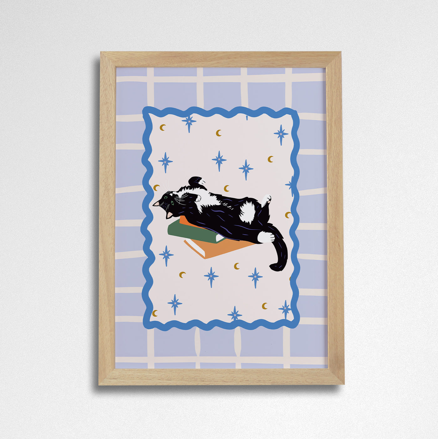 Pack of 2 - Books and Cats A4 Art Print - Black and White Tuxedo Cat