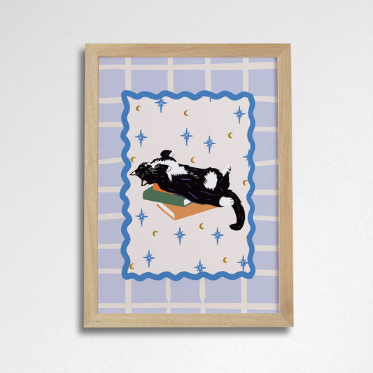 Pack of 2 - Books and Cats A4 Art Print - Black and White Tuxedo Cat