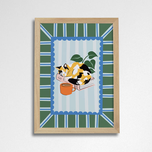 Pack of 2 - Books and Cats A4 Art Print - Calico Cat Short Haired