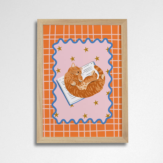 Pack of 2 - Books and Cats A4 Art Print - Ginger Tabby Cat Short Haired