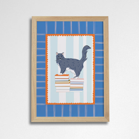 Pack of 2 - Books and Cats A4 Art Print - Grey Tuxedo Long Hair