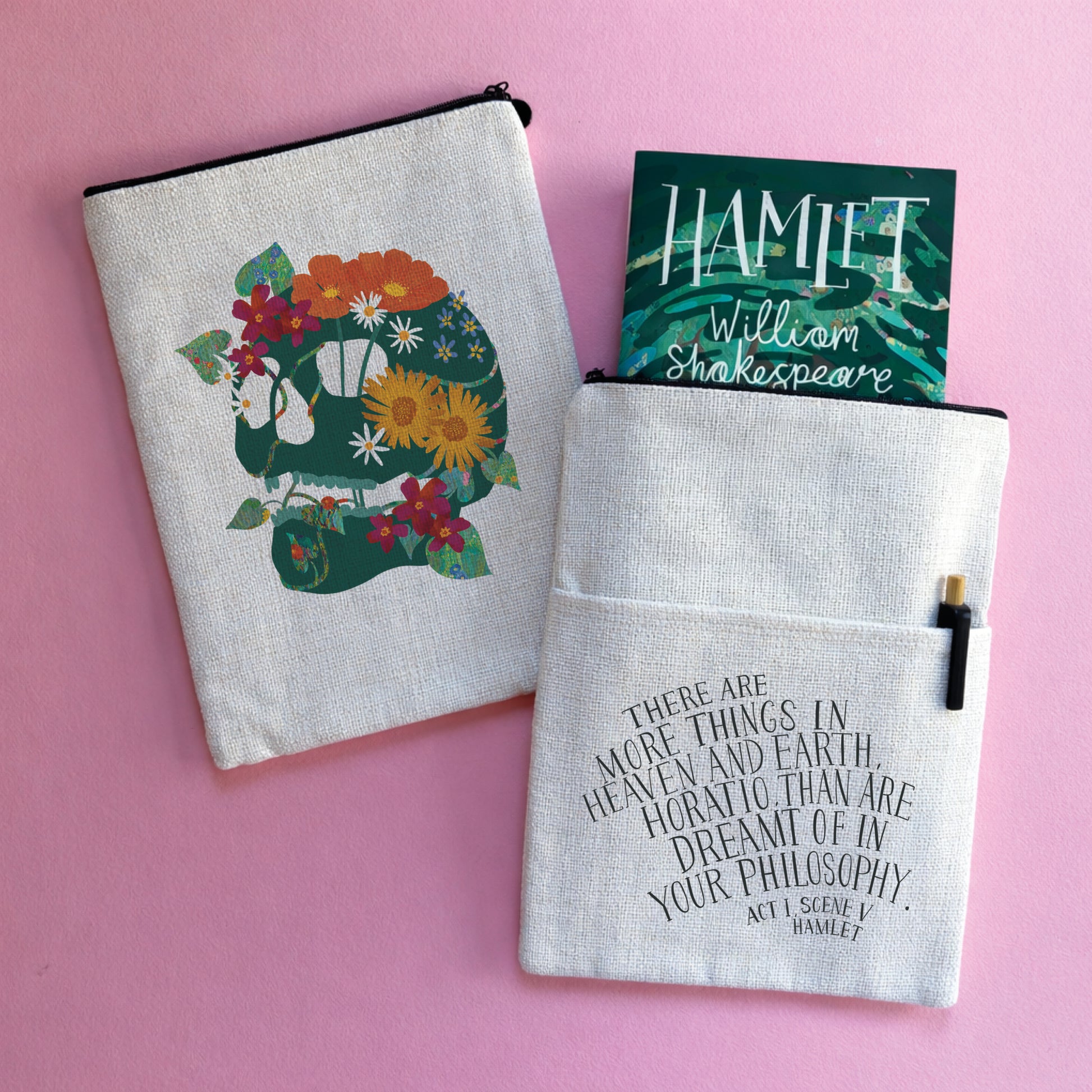 A book sleeve with a floral skull design on one side and a quote from Hamlet on the reverse.