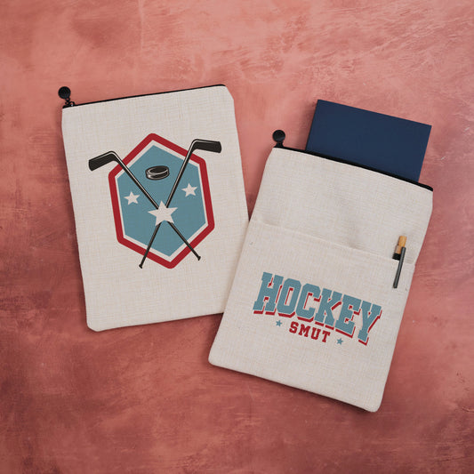 Hockey smut book sleeve with sports style text and design.  