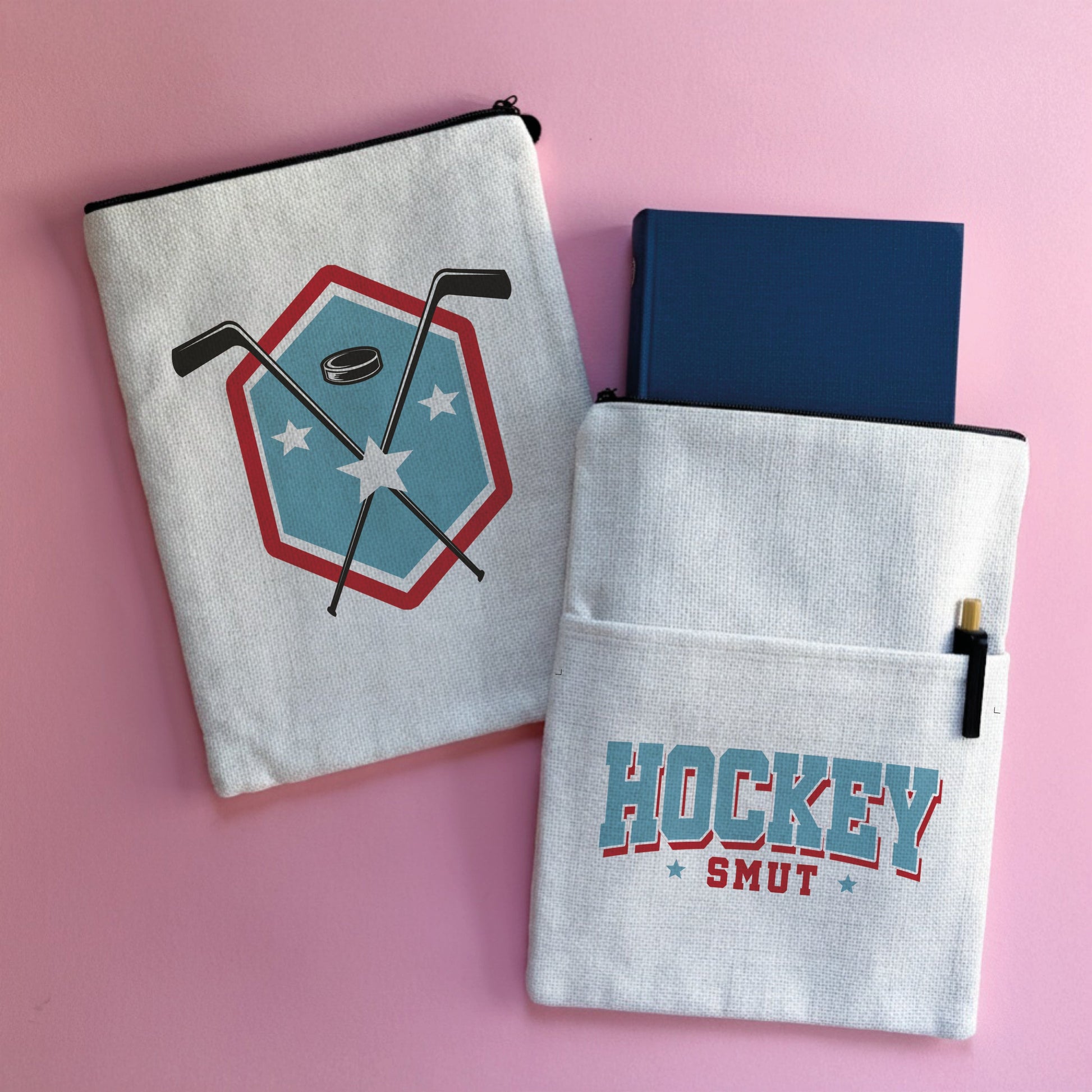Hockey smut book sleeve with sports style text and design.  