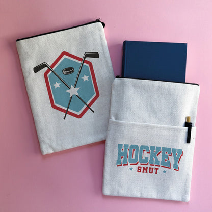 Hockey smut book sleeve with sports style text and design.  