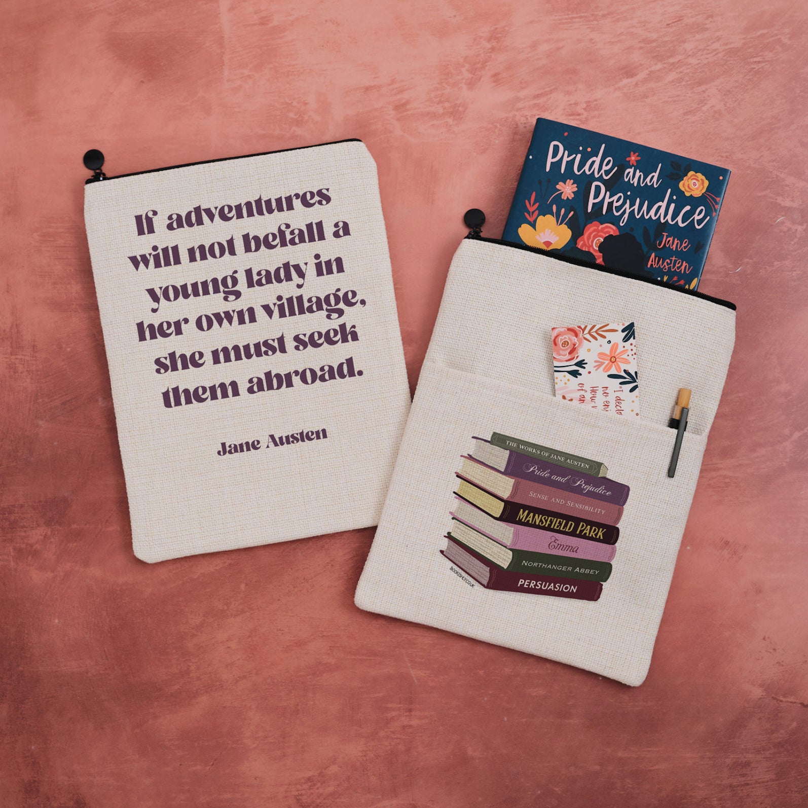 Jane Austen book sleeve featuring a travel quote and illustrated stack of books design.