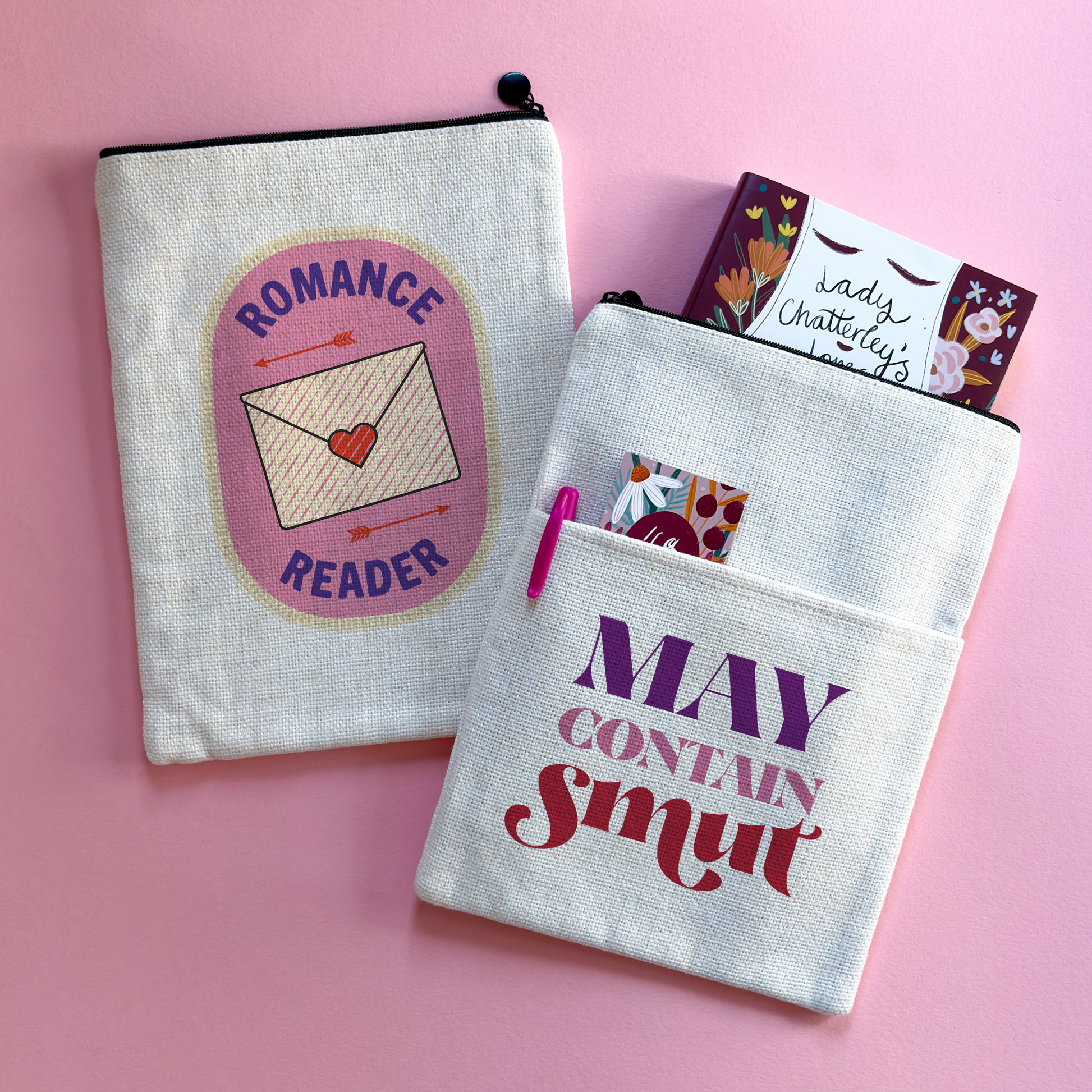Double-sided book sleeve featuring a Romance Reader badge design on one side and “May Contain Smut” on the other.