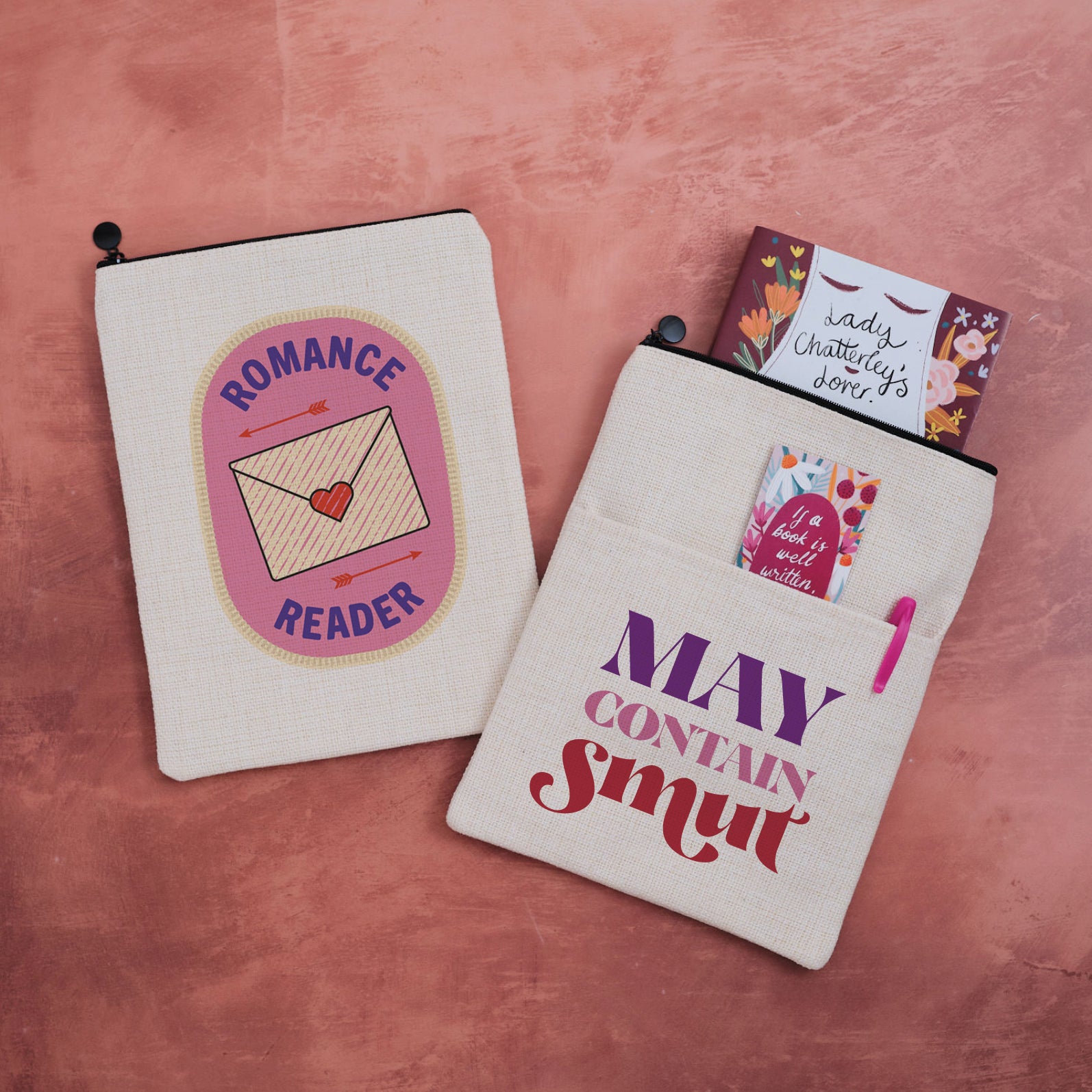 Double-sided book sleeve featuring a Romance Reader badge design on one side and “May Contain Smut” on the other.