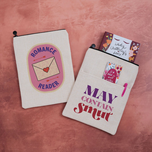 Double-sided book sleeve featuring a Romance Reader badge design on one side and “May Contain Smut” on the other.