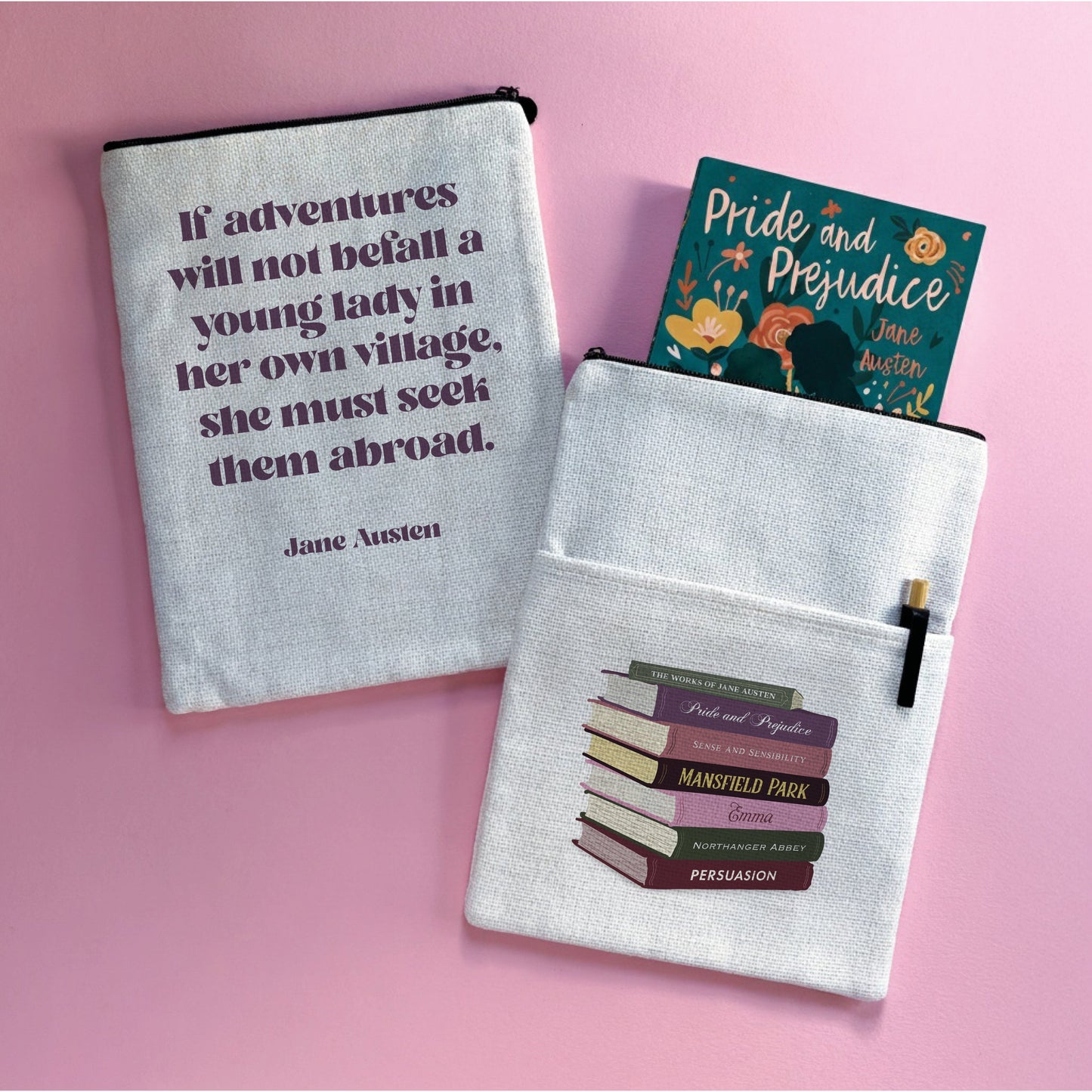 Jane Austen book sleeve featuring a travel quote and illustrated stack of books design.