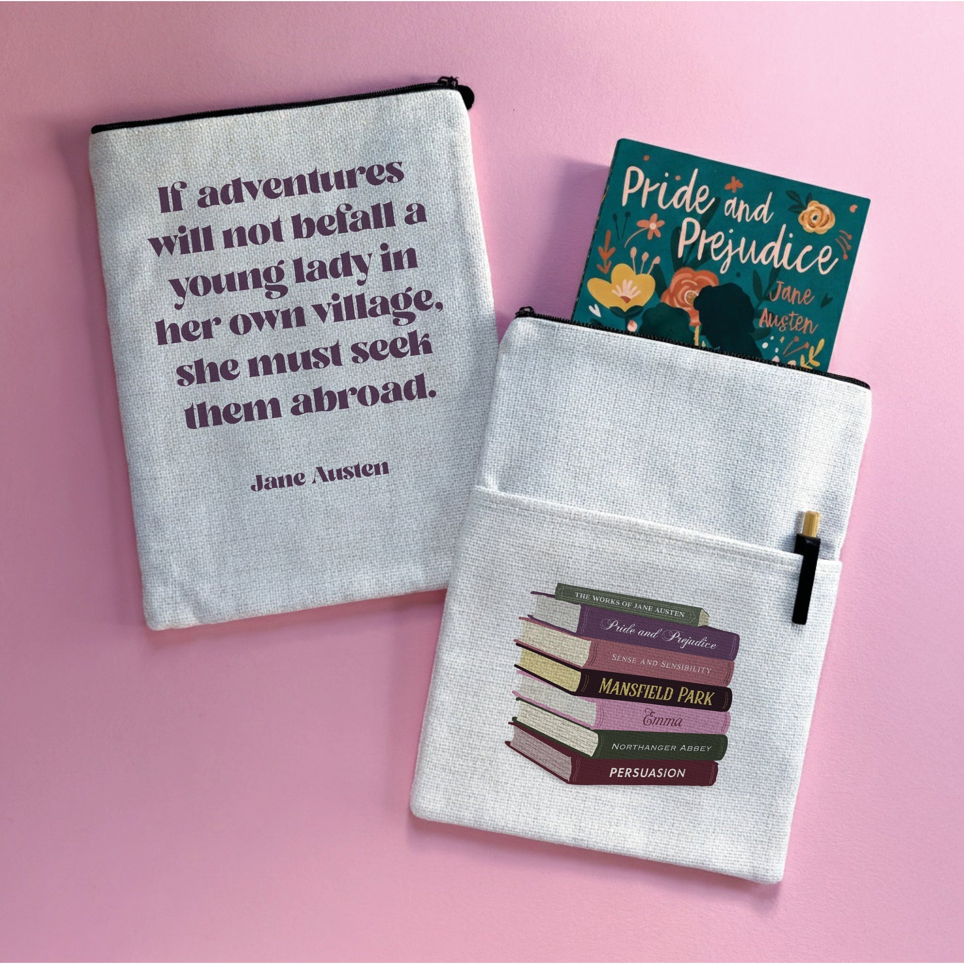 Jane Austen book sleeve featuring a travel quote and illustrated stack of books design.