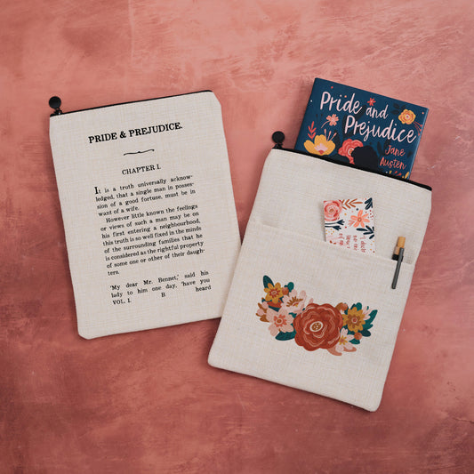 A book sleeve with Chapter One from Pride and Prejudice on one side and a floral design on the other.